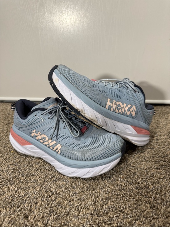 Hoka One One Shoes - Hoka One One bondi 7 Women's Light Blue and Peach Athletic Running Shoes